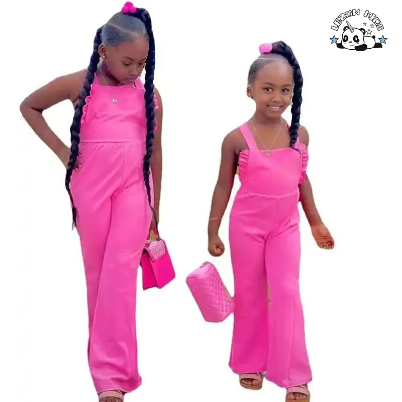 LEZONKIDS - New fashion Solid color drawstring pleated micro flare jumpsuit girls clothes set in summer